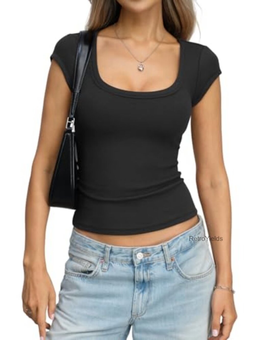 Womens Cotton Ribbed Scoop Neck Cap Sleeve Fitted Summer Crop Top